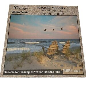 NWT Heritage Jigsaw Puzzle Sealed Coastal Moonrise Beach 1000 PC 30" X 24” Frame